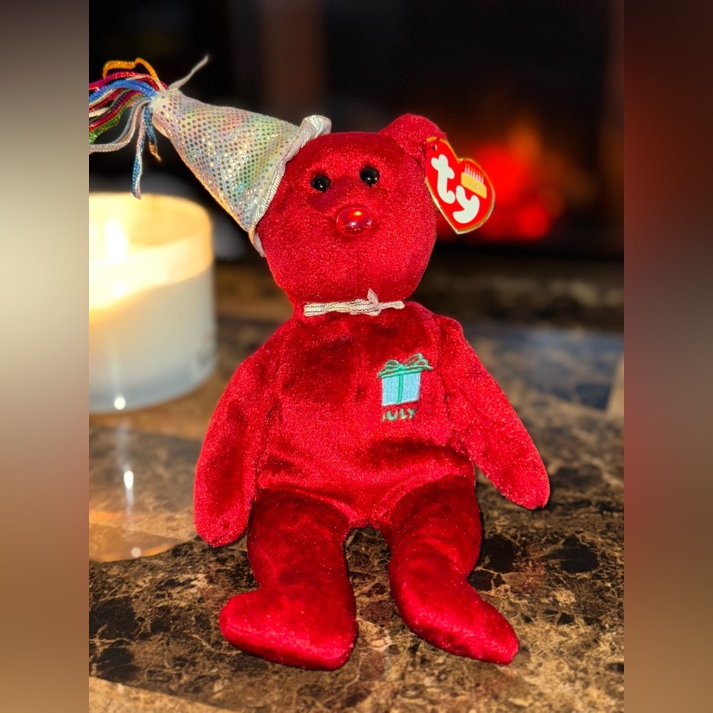 🎉 TY Birthday Beanie Baby July Bear Red Sparkle Party Hat Plush